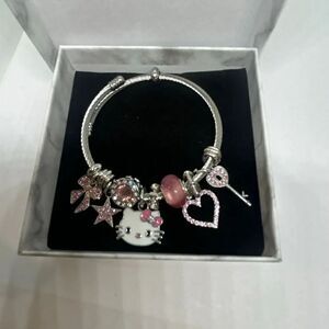Hello Kitty Pink Charm Bracelet Silver Tone Rhinestone Bangle w/ Box NEW